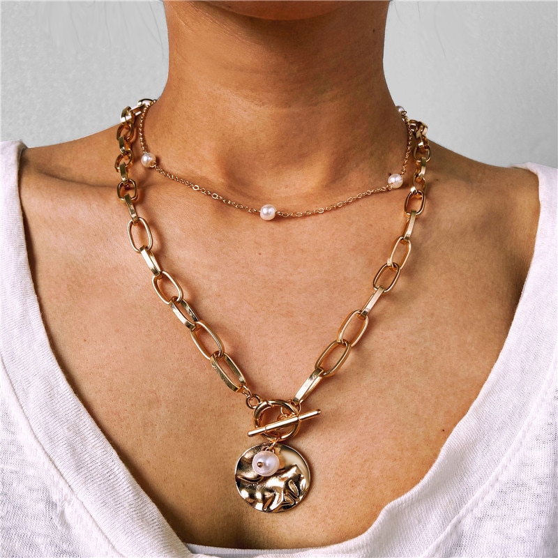 Multilayer Gold Color Coin Chain Necklace for Women